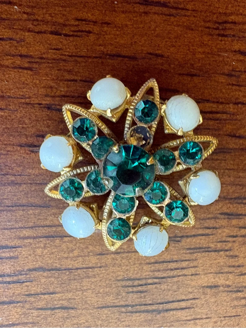 Vintage Gold-Tone Green Crystal and White Stone Floral like Brooch  - Set of 2